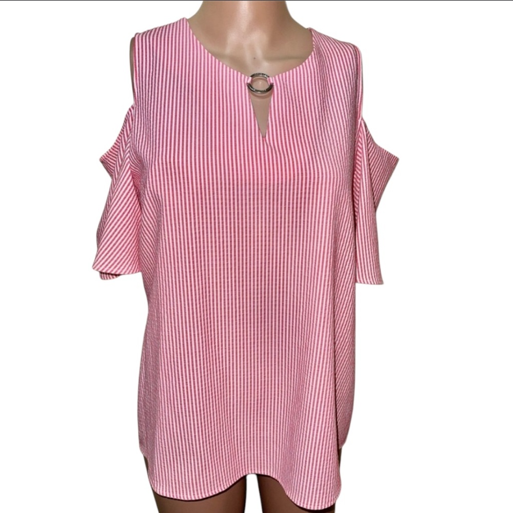 CALVIN KLEIN STRIPED BLOUSE SLIT SHOULDER  WOMEN SHORT SLEEVE RED COLOR SIZE S *